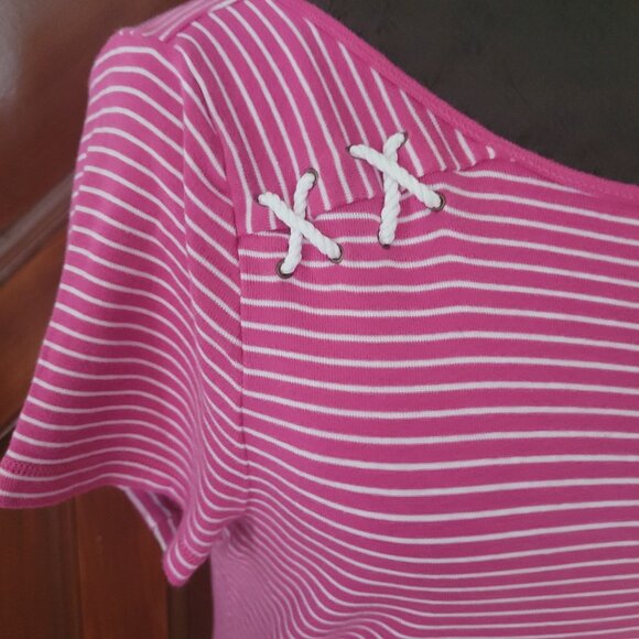 Lauren Ralph Lauren Pink Striped Womens Top With White Bow Accents Size M - Picture 3 of 5